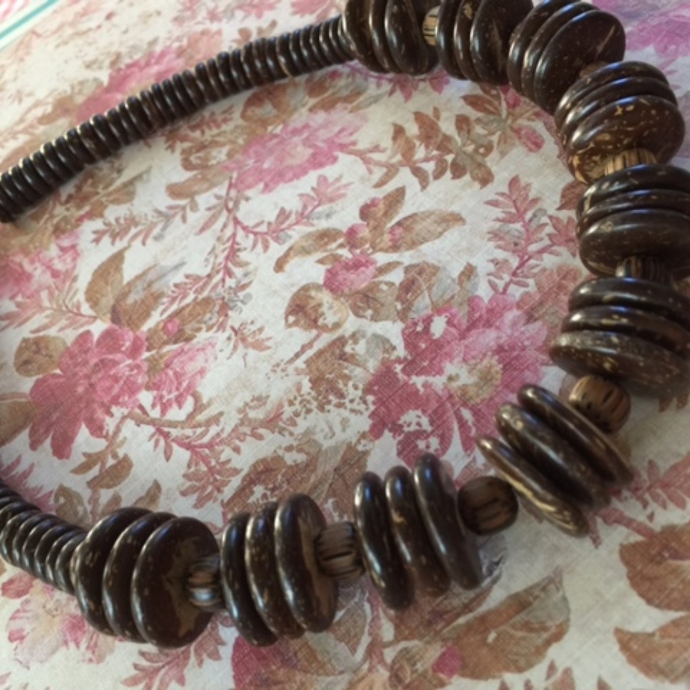 Faux Rustic Wood Rondelle Bead Necklace 1980s